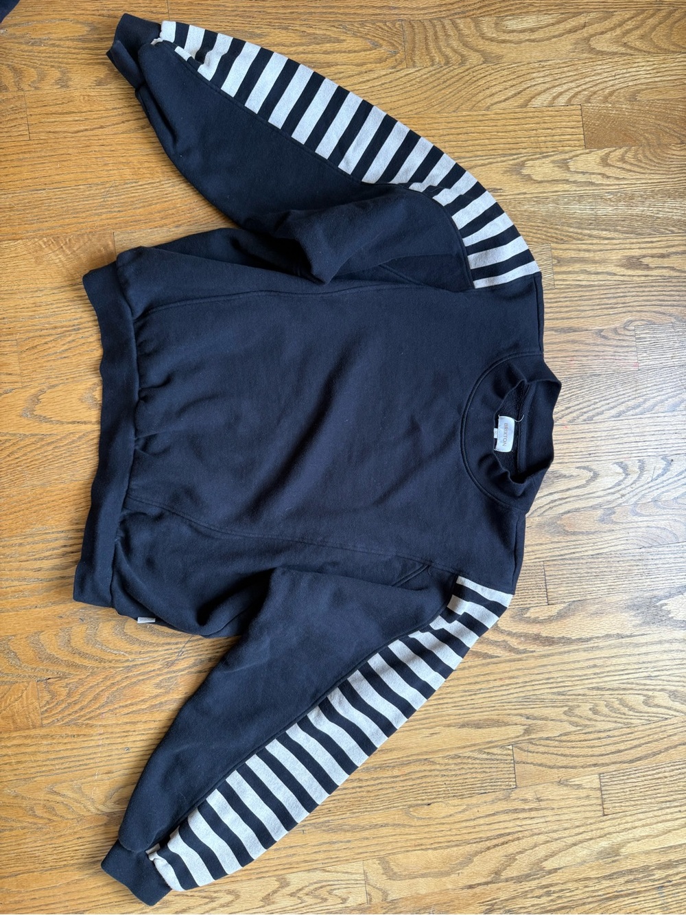 Brixton Black Crewneck Sweater with Striped Sleeves
